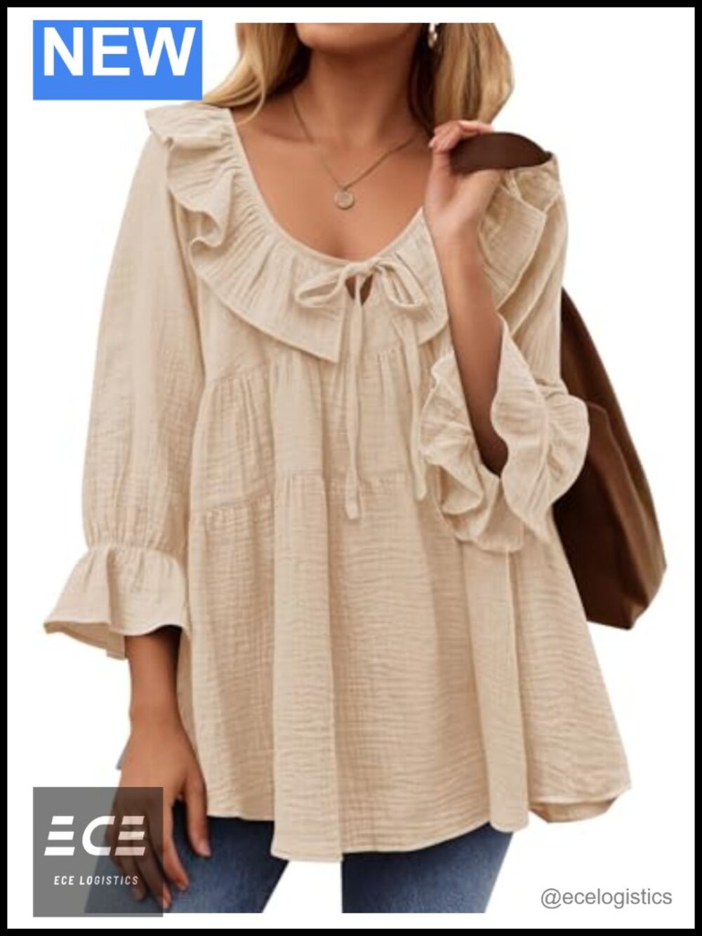 Womens Boho Flowy Peasant Top 3/4 Sleeve Tie Front Ruffle Tunic